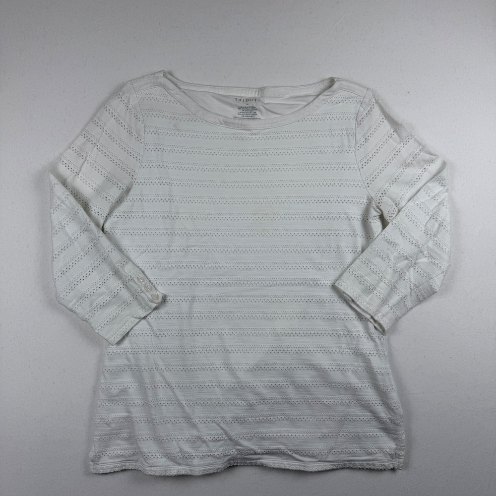 Talbots Womens White Eyelet Stripe Boat Neck Top 3/4 Sleeve Size M